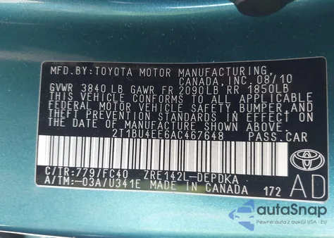 2010 Toyota Corolla Le из США, поврежденный, VIN 2T1BU4EE6AC467648